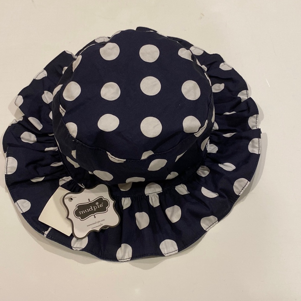 MUD PIE TODDLER SUN HAT NAVY AND WHITE POKKA DOTS NWT